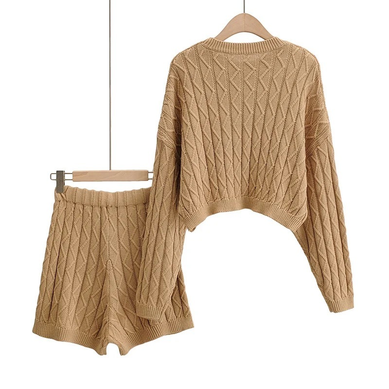 Nomikuma Knitted Causal Women 2pieces Sets Long Sleeve O-neck Crop Top Sweater + High Waist Shorts Korean Plaid Outfits 6C758 210427