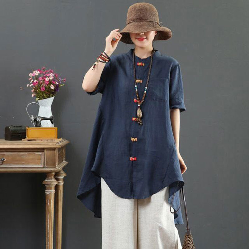 National Style Summer Women Shirt Plus Size Short Sleeve Loose Colours Button Long Linen Tops Vintage Femme Blouses D14 210512