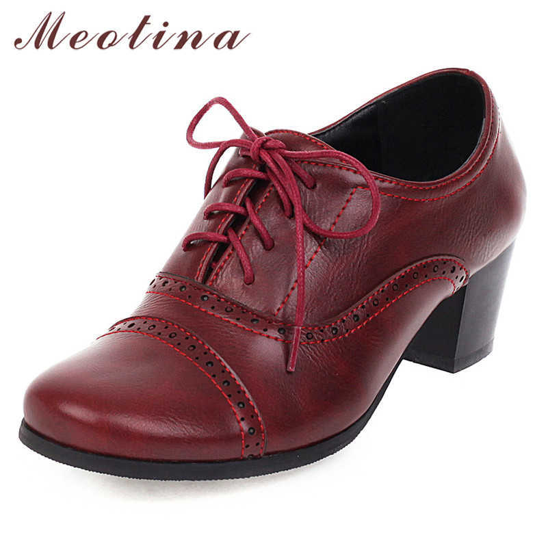 

Meotina High Heels Women Pumps Fashion Chunky High Heels Brogue Shoes Lace Up Round Toe Derby Shoes Ladies Spring Big Size 34-43 210608, Black