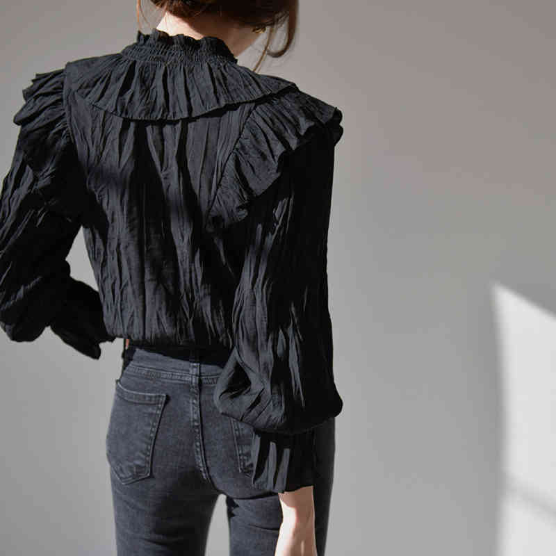 Puffed Long Sleeve Woman's Shirts Korean Clothes Ruffled V-neck Blouses Solid Color Overalls for Women 10573 210518