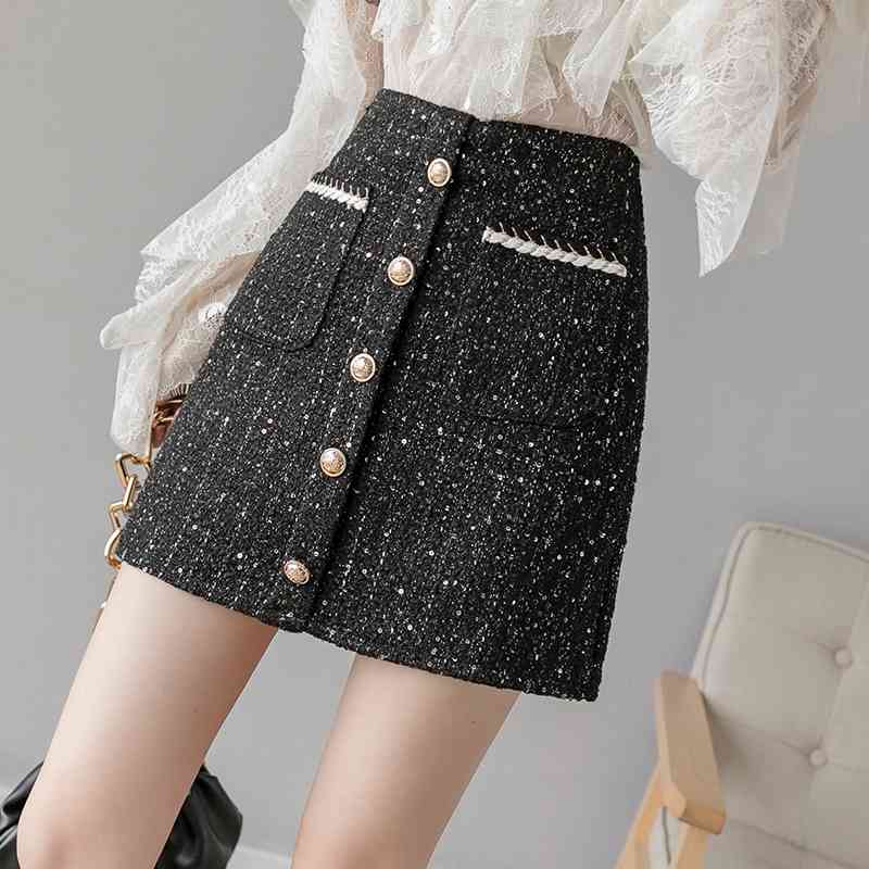 Winter Wool Skirt Womens Single-Breasted Pocket Front Glitter Tweed Mini Saia Feminina 210520