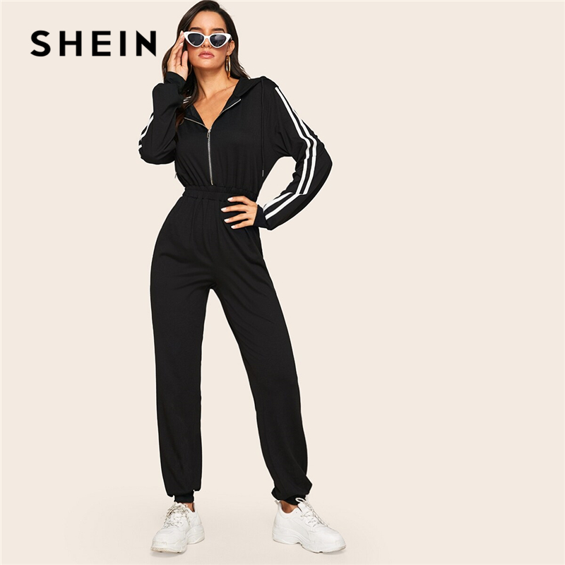 SHEIN Black Striped Side Zip Front Drawstring Hooded Jumpsuit Women Autumn Sporting Long Sweatpants High Waist Casual Jumpsuits
SHEIN Black Striped Side Zip Front Drawstring Hooded Jumpsuit Women Autumn Sporting Long Sweatpants High Waist Casual Jumpsuits