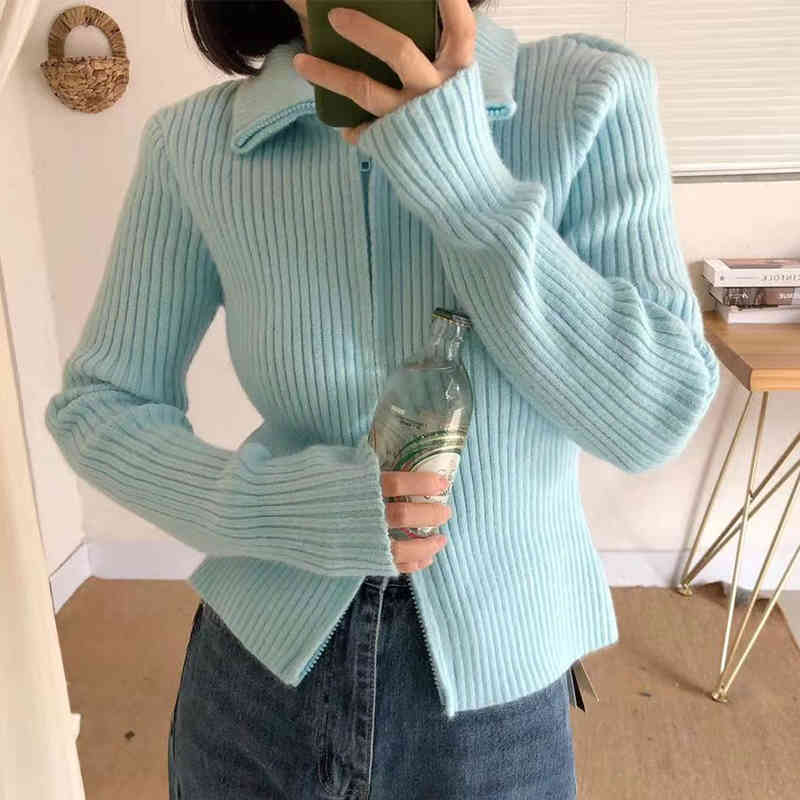 Nomikuma Korean Zipper Stand Neck Knitted Cardigan Long Sleeve Slim Women Sweater Coat Spring New Knitwear Jacket 6E147 210427