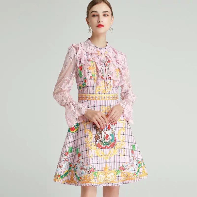 spring summer lace long sleeve pink mini A-line dresses for women cute printed bow plaid dress vestidos mulher 210421