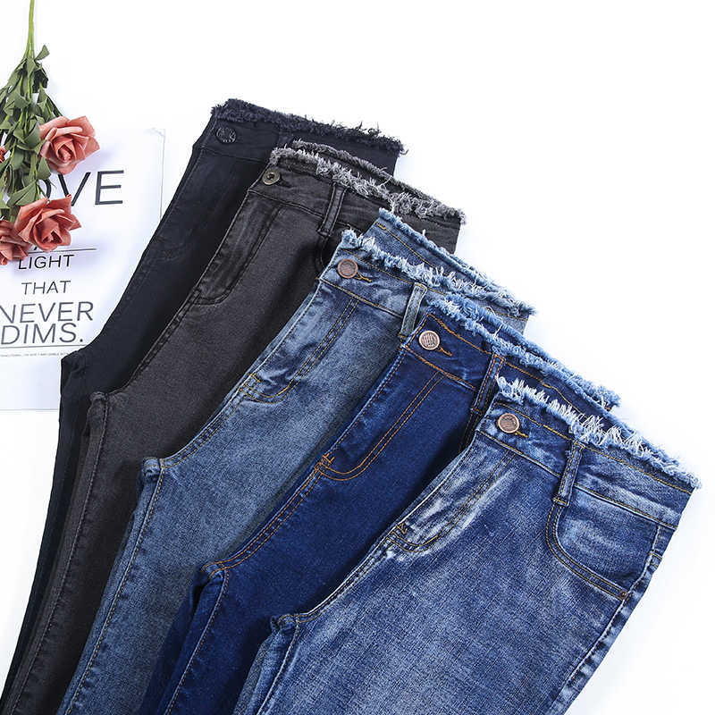 Elastic Skinny Jeans Woman Plus Size High Waist Pencil Pants Denim Tassel Solid Wash Fashion Slim Black Stretch 210809