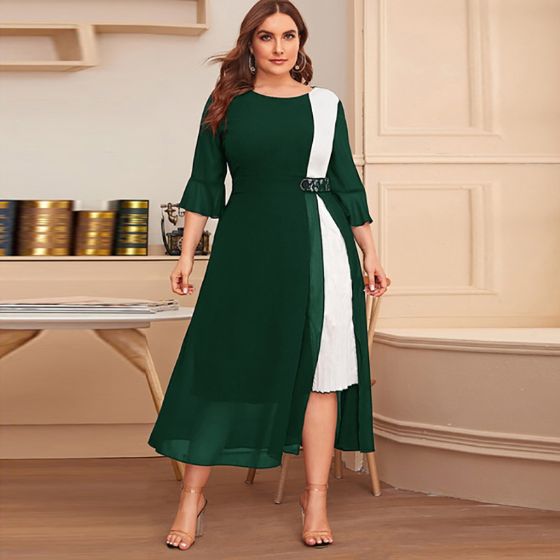 White And Black Contrast Color Elegant Dress Women Summer Three Quarter Sleeve Casual Dress Plus Size Maxi Long Dresses 210331