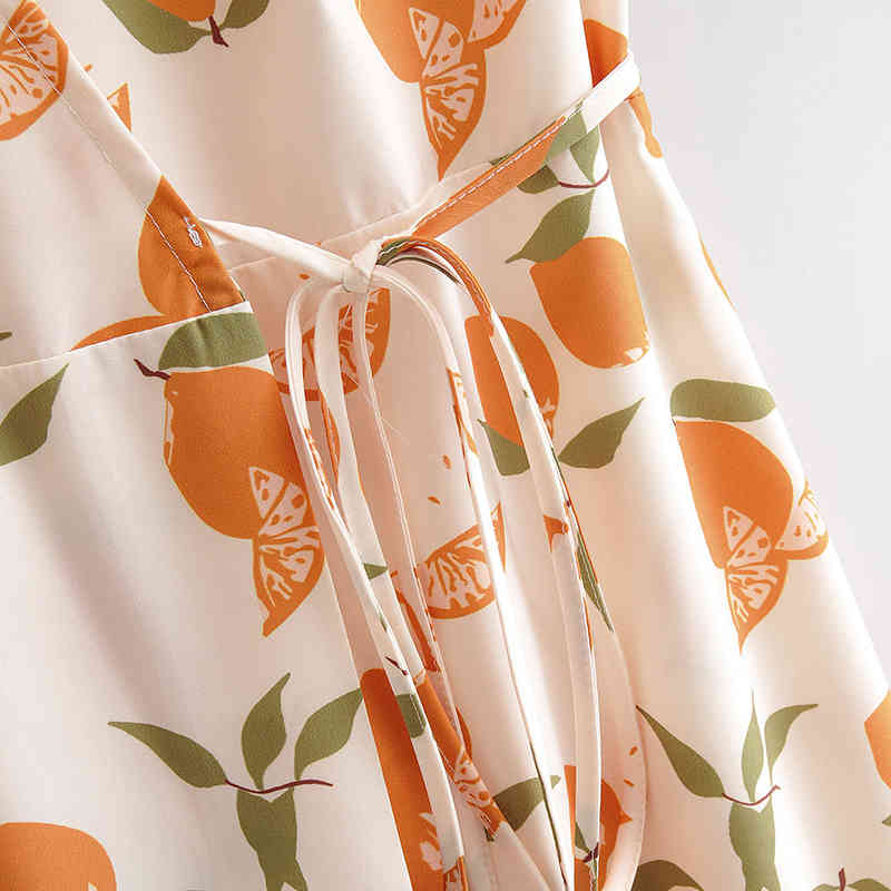 Women Chic Lemon Print Dress Summer Ruffle V Neck Boho Beach Midi Ladies Short Sleeve A Line Casual Wrap es 210515