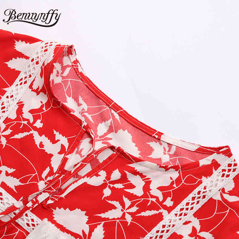 Tassel Tie Neck Chiffon Loose Blouses Women Summer Boho Print Short Sleeve Ladies Tops Holiday Casual Lace up Blouse 210510