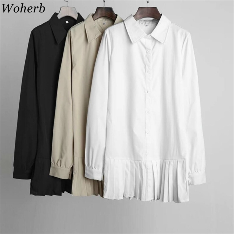 Casual Long Sleeve Shirt Dress Women Elegant Pleated Mini Blose Dresses Plus Size Ladies Clothing S-3XL Ropa 210519