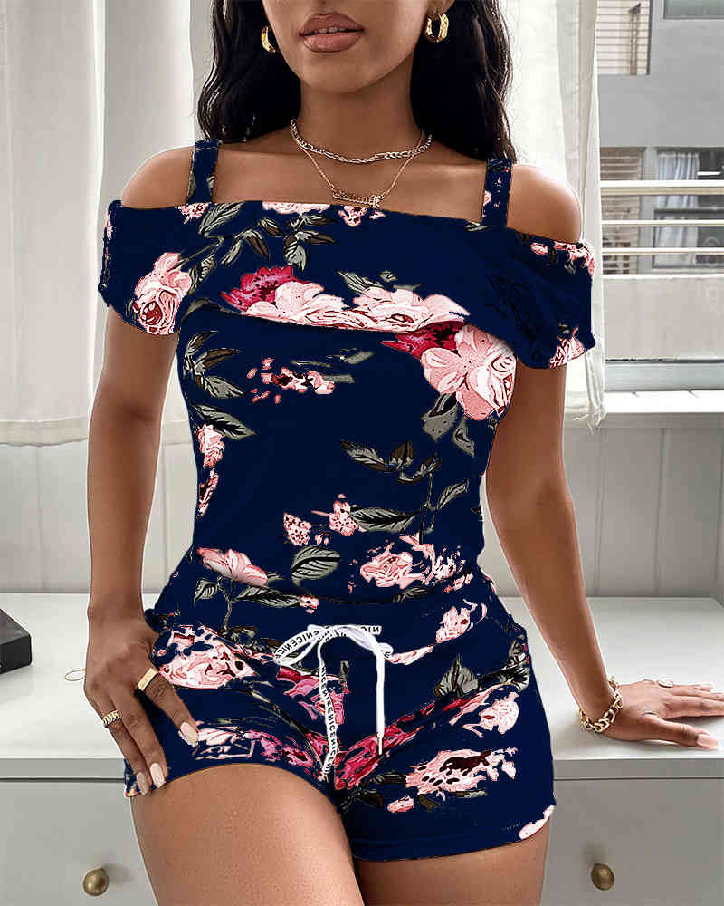 Summer Women Floral Print Top & Drawstring Shorts Set Elegant New Femme Cold Shoulder Crop Top & Skinny Above Knee Bottoms Set 210415