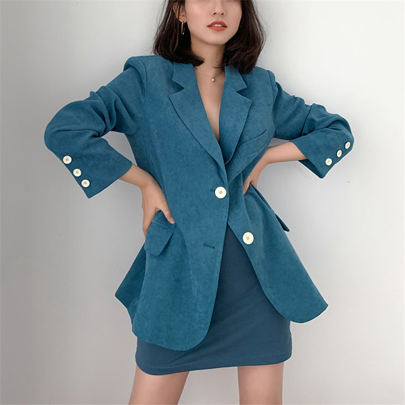 Loose Plus Size S-XL Femme Solid All Match Vintage Jackets Blue Retro Fashion Streetwear OL Oversize Blazers 210421