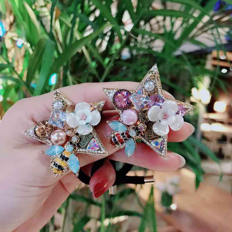 Hair Jewelry Accessories Spring and Autumn Baroque Pearl Rope Girl Head Five Petal Flower Multicolor Full Diamond Net Red Rubber Band Headdress