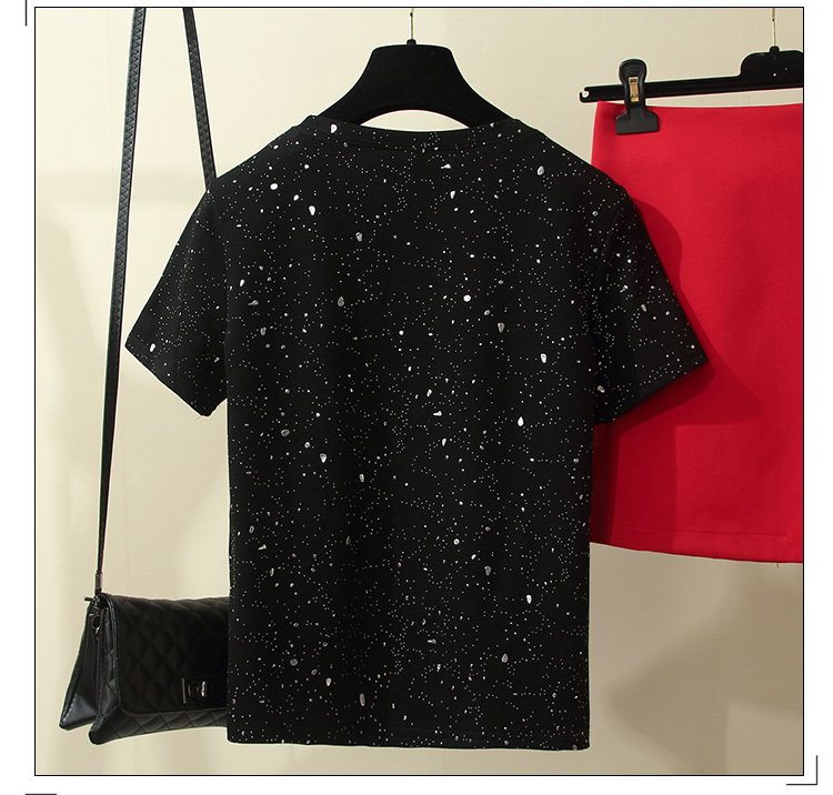 Fashion Summer Women's Stereo Swan Sequins Embroidery T-shirt Top + Red Buttons A Line Skirt Twinset Ladies Set 210506