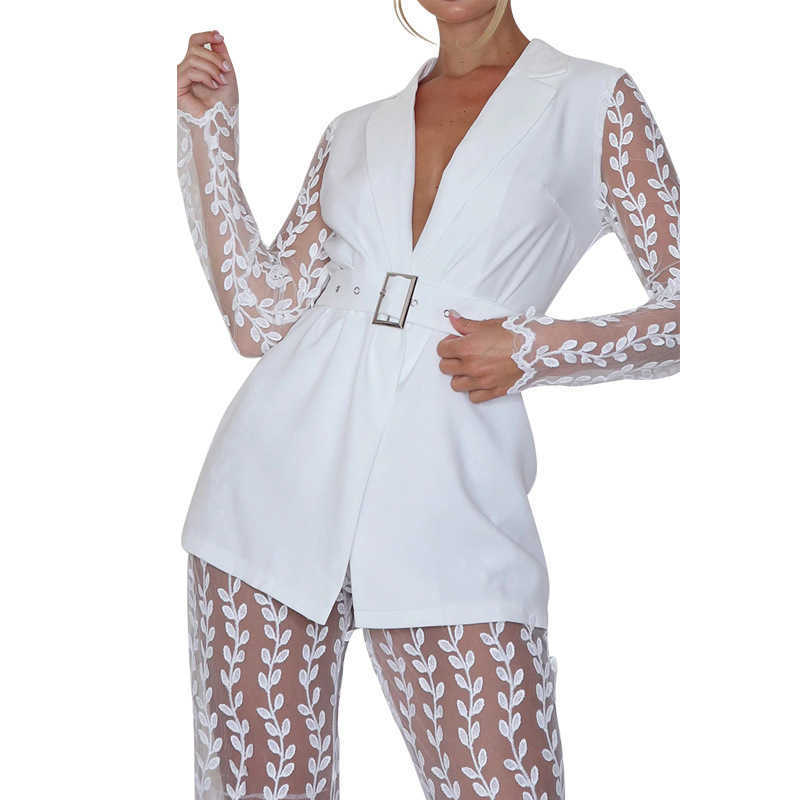 Fashionable Women Lace Party Outfits Embroidery Two Piece Sets Lady's V-Neck Sashes Tops High Waist See Through Flared Pant 210930