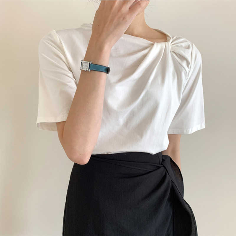 Korejpaa Women T-shirt Summer Korean Fashion Elegant Casual Irregular Round Collar Kink Casual Short-sleeved Tee Top Woman 210526