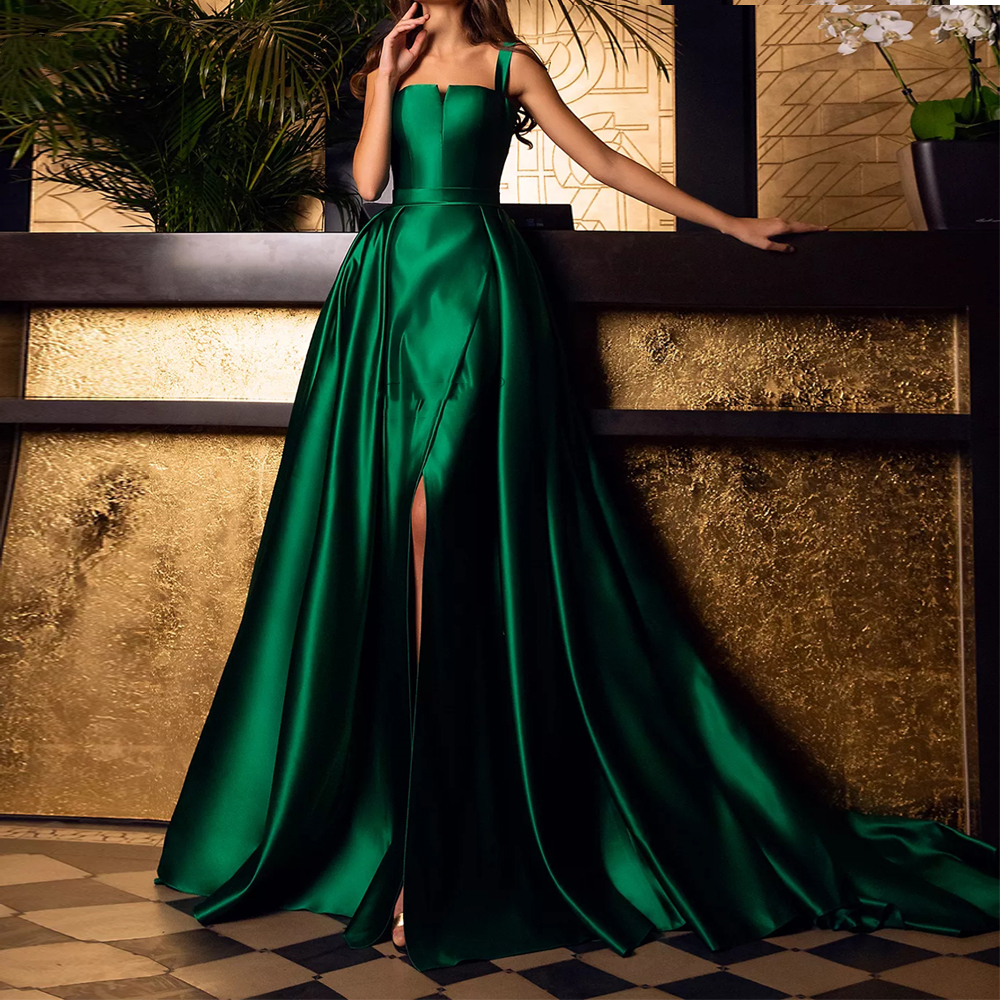2021 Emerald Green Formal Evening Dresses A-Line Satin Sexy Split Straps Mermaid Prom Dress Pageant Party Gowns Long robe de soirée mariage