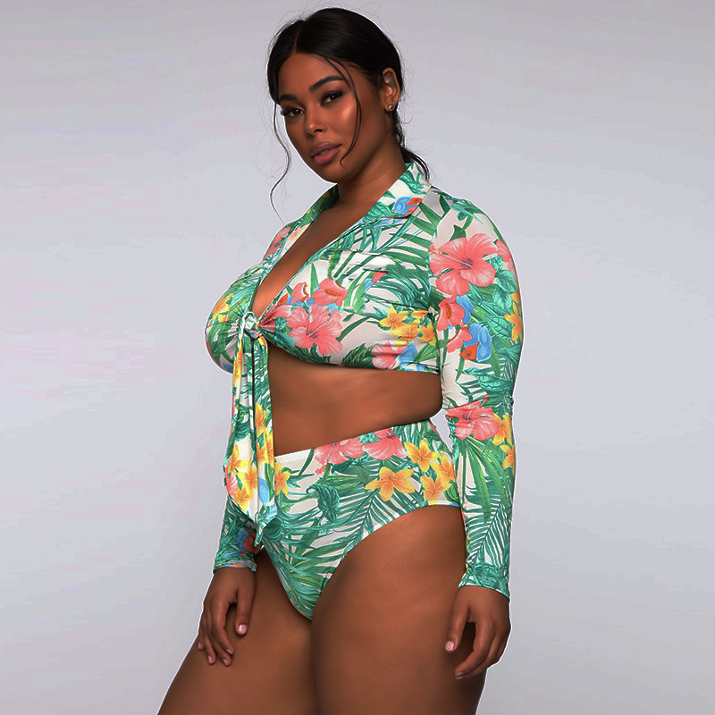Sexy Plus Size Swimwear Women Leaves Print Bikini Long Sleeves Swimsuit Female High Waisted Bathing Suits Summer Beach Wear 210520