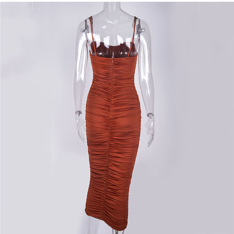 NewAsia 2 Layers Summer Dress Women Pleated Long Dress Sexy Spaghetti Straps Ruched Party Dress Brown Vestidos Robe Femme 210331
