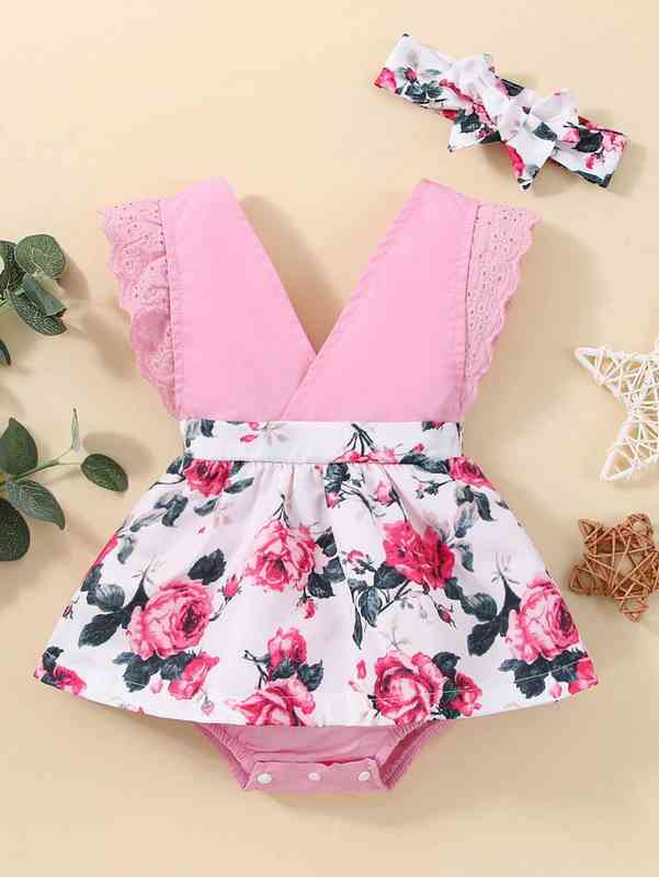 Baby Floral Print Eyelet Embroidery Combo Bodysuit Dress SHE