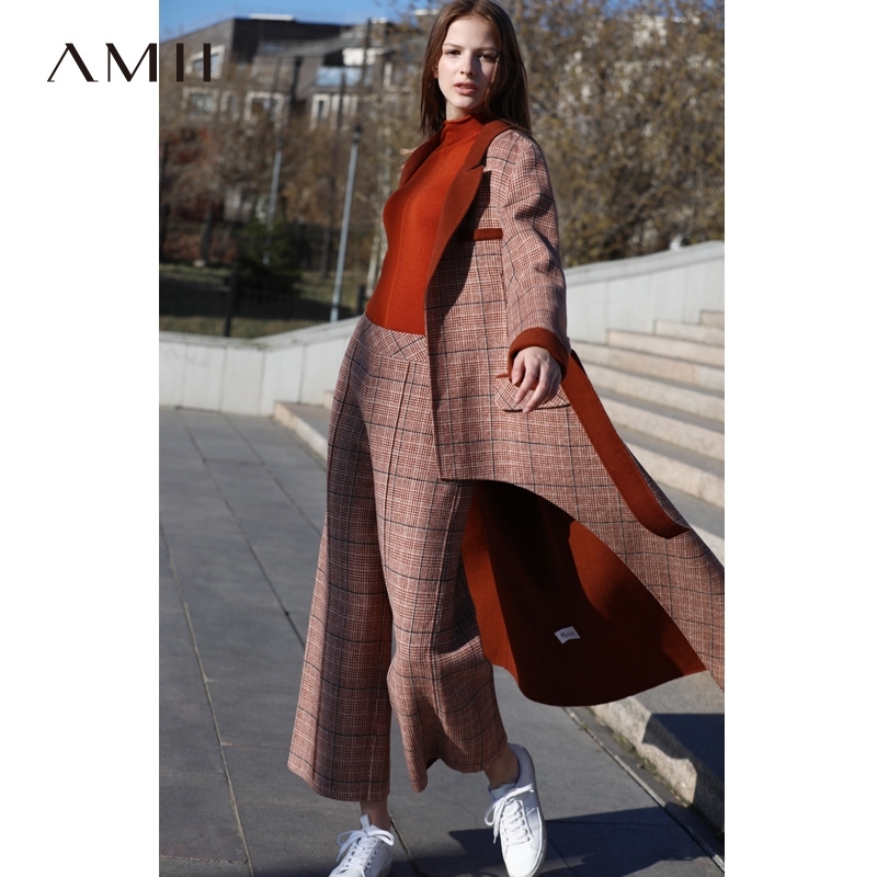 Winter Women Plaid Woolen Two Piece Set Elegant Loose Double-sided Coat and Long Pants 11880095 210527