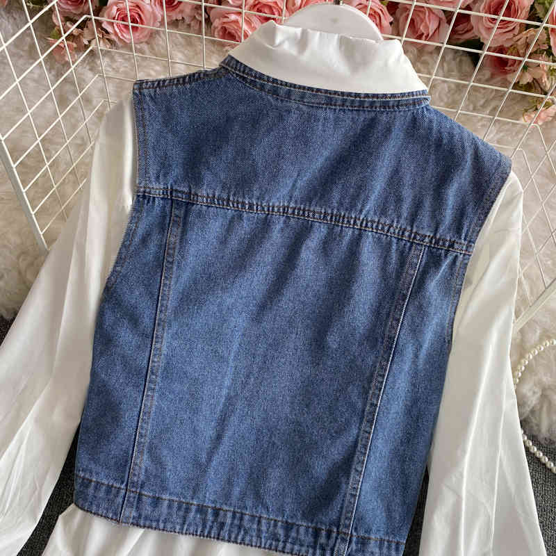 Nomikuma Spring Korean Women Sets Causal Demin Vest + Medium-long Solid Long Sleeve Blouse Shirt Outfits 6F523 210427