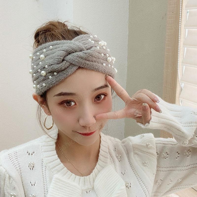 Women Fashion Knitted Headband Elegant Temperament Pearl Wide-brimmed Hair Bands Autumn Winter Warm Headwear Hair Accessories