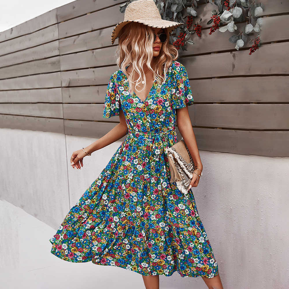 Ladies Vintage Maxi Floral Print Summer Dress Women Bohemian Slim Casual High Waist Bandage Women Beach Dress Female Vestidos 210630