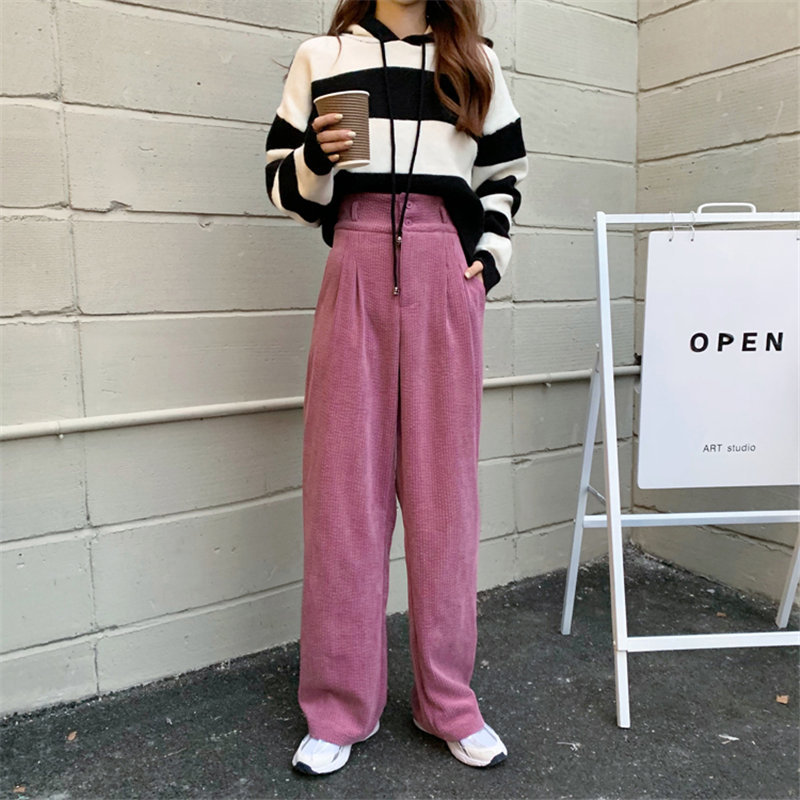 Pink Women Corduroy Bottom OL Solid Loose Thicken Straight High Waist Plus Size Chic Pants Casual Trousers Femme 210421