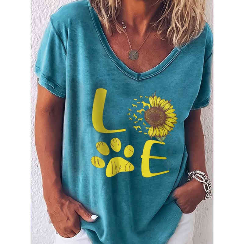 LOVE Cute Print T-shirts Women Summer Tops for Women Ladies Graphic Tshirt V-neck Short Sleeve t-shirt for women 210515