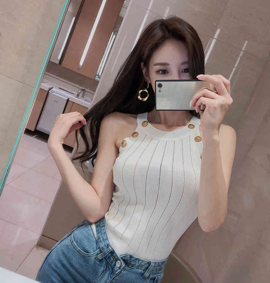 Summer Women Slim Knitting Tops Female Bodycon Knitted Tanks Sleeveless Sexy Golden Buttons Camisole Clothes 210519