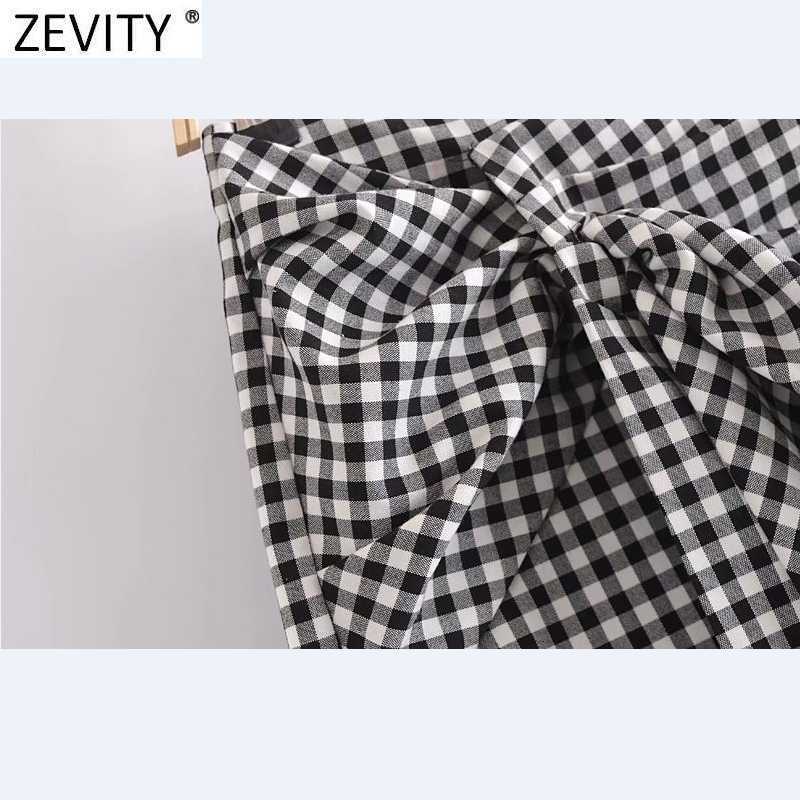 Zevity Women Vintage Plaid Print Bow Tied Casual Slim Bermuda Shorts Female Chic Side Zipper Summer Pantalone Cortos P1087 210714