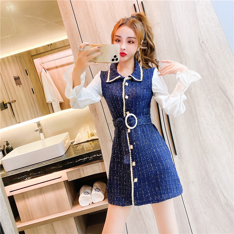 Autumn Tweed Patchwork White Long Sleeve Bodycon Dress Female Elegant Turn Down Collar Vestido Robe Femme 210519
