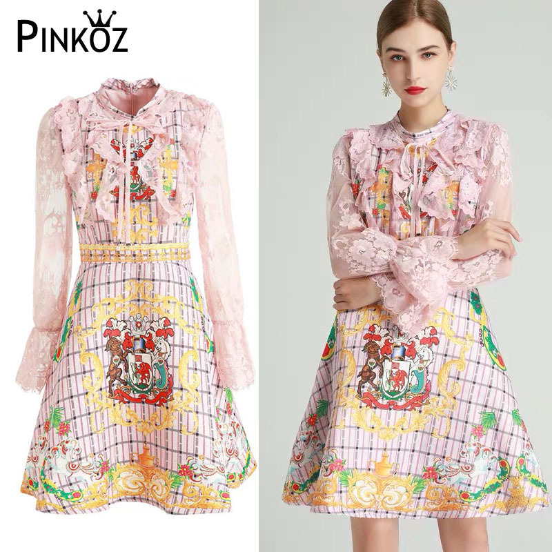 spring summer lace long sleeve pink mini A-line dresses for women cute printed bow plaid dress vestidos mulher 210421
