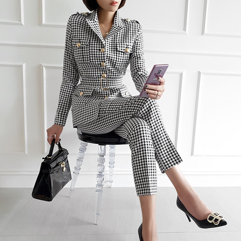 High quality Fashion Office Ladies Plaid Suit Slim Fit Autumn 2 Piece Set Blazer Suits Vintage Business Work Outfits 210506