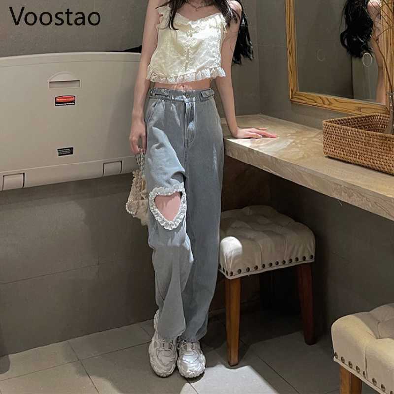 Sweet High Waist Denim Pants Women Chic Love Heart Ruffles Hollow Out Wide Leg Jeans Female Streetwear Straight Trousers 211115