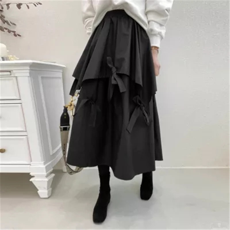 Black Bow Loose Elastic-Waist Solid High Waist A-Line Sweet Bottoming Brief Elegant Women OL Sexy Long Skirts 210421