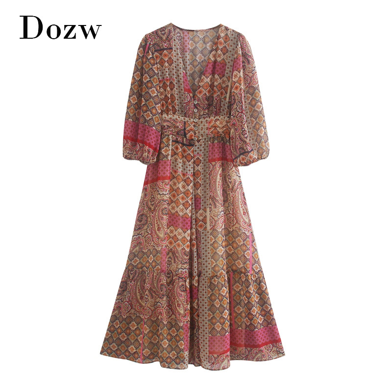 Boho V-Neck Ral Lantern Sleeve Pleated Chiffon Maxi Dress B3