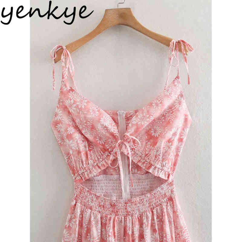 Sweet Pink Floral Print Dress Women Sexy V Neck Sleeveless Sling Holiday Long Female Summer Hollow Out Vestido 210430