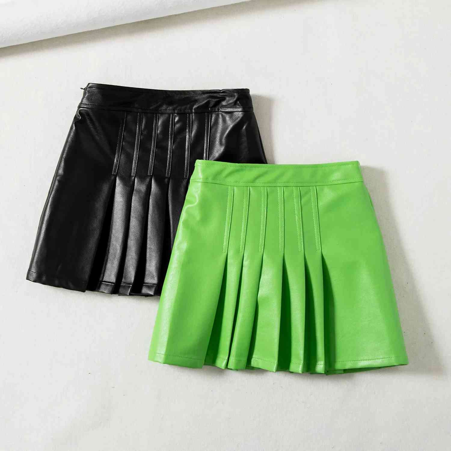 Sexy green Pleated mini Skirts womens high waist PU skirt streetwear korean leather fur fashion ladies jupe femme 210521