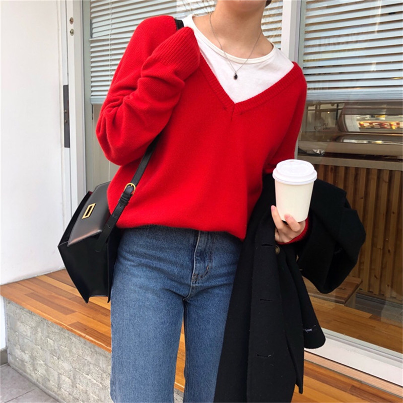 Solid V-neck Knit Sweaters Autumn Winter Off Shoulder Knitwear Tops Women OL Long Sleeve Loose Knitted Sweater 210421