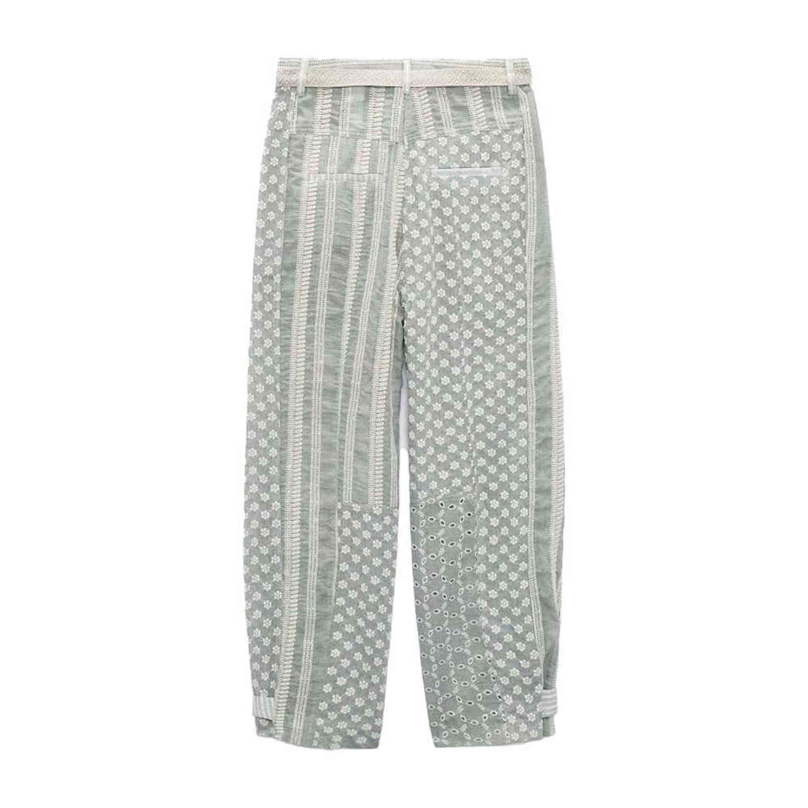 Women Summer Chic Fashion Patchwork Embroidery Wide-leg Pants Vintage High Waist Side Pockets Female Trousers Mujer 211115