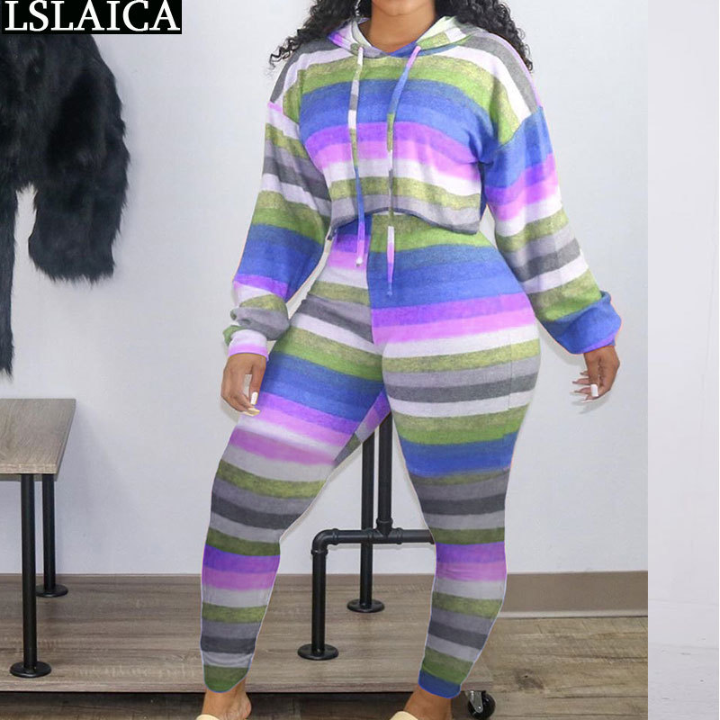 Fall Clothes for Women Two Piece Set Autumn Color Stripe Hooded Tops Long Pants Sets Casual Outfits Sportswear Sweat Suits 210520