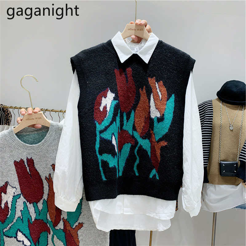 Vintage O-neck Knitted Vest Spring Women Sleeveless Pullover Floral Printed Loose Sweater Female Casual Tank Tops 210601
