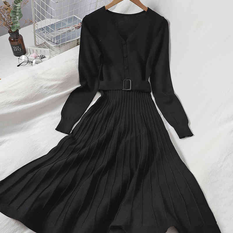 Autumn Winter Vintage Solid Single Breasted V Neck Dress A Line Full Button High Waist Mid-Calf Women Dress 210521