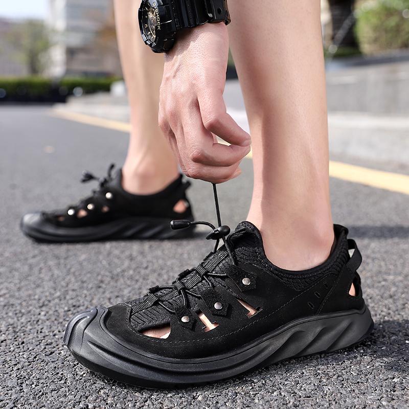 Sandals 2021 Summer Men's Outdoor Leisure Wading Beach Shoes Soft Bottom Anti-skid Drifting Upstream First Layer Leather Perso, Black