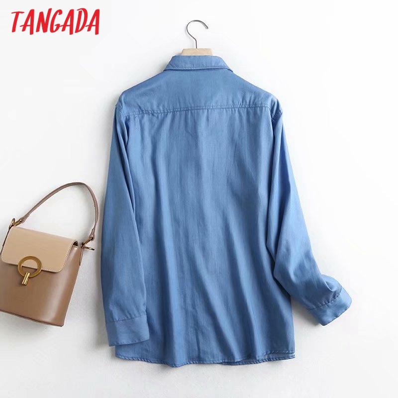 Women Elegant Blue Thin Denim Long Sleeve Chic Female Casual Loose Shirt Tops 4C68 210416