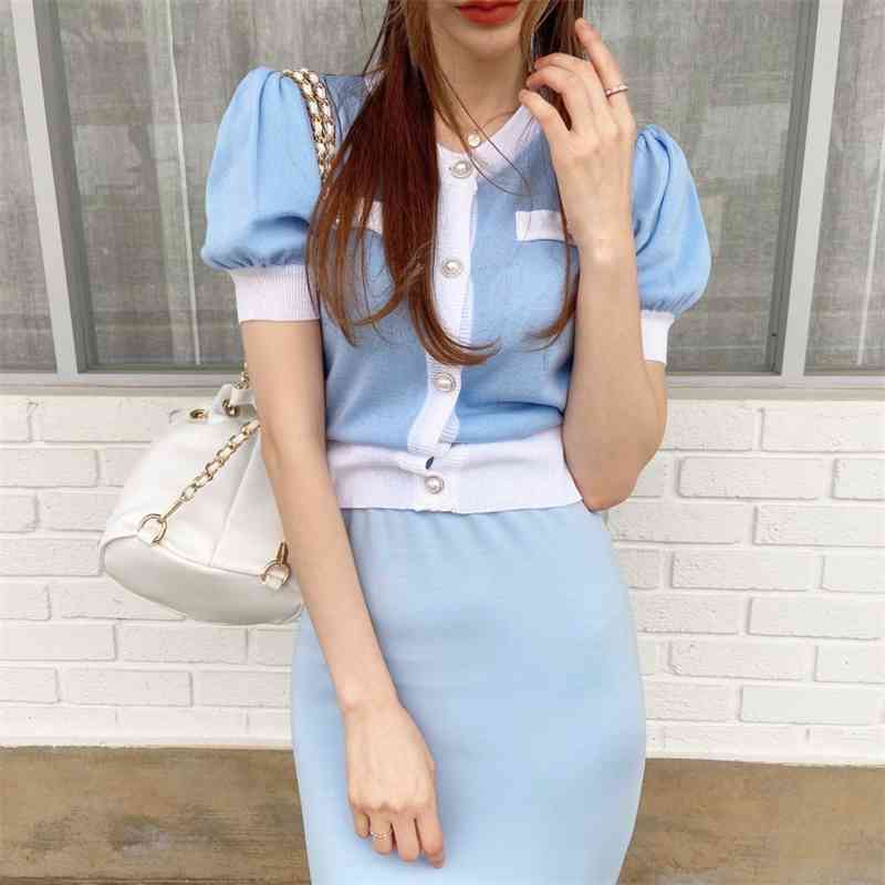 Fashion Korean Elegant Knitted 2 Pieces Sets Single Breasted Short Sleeve O-Neck Tops + High Waist Long Skirt Suit 210520