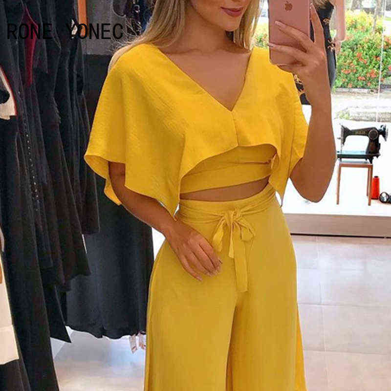 Women Elegant V-Neck Ruffles Trim Crop Top & Plain Pants Set Casual Vacation 211105