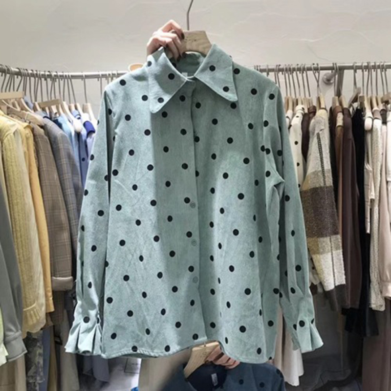 Arrival Autumn Women Turn-down Collar Long Sleeve Loose Shirt all-matched Casual Polka Dot Corduroy Blouse Tops S391 210512