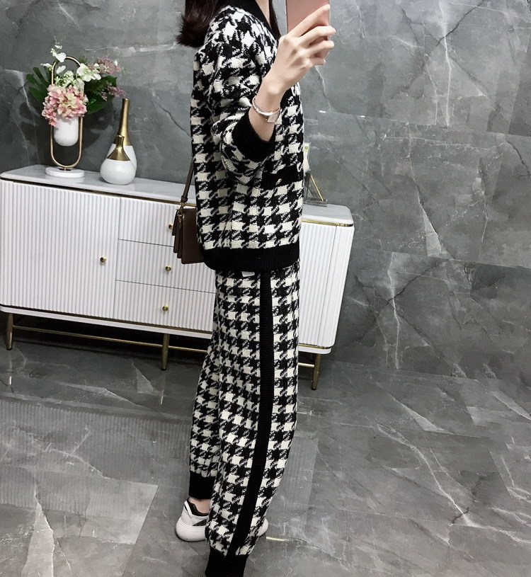 Women Fall Knit Sweatshirts Suit Knitted Tracksuit Houndstooth Black 2 Piece Set Zipper Plaid Cardigan Coats Pants Two 210506